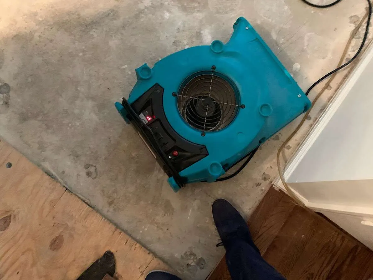 Air mover drying subfloor during Commercial Water Damage Restoration in Richmond Heights